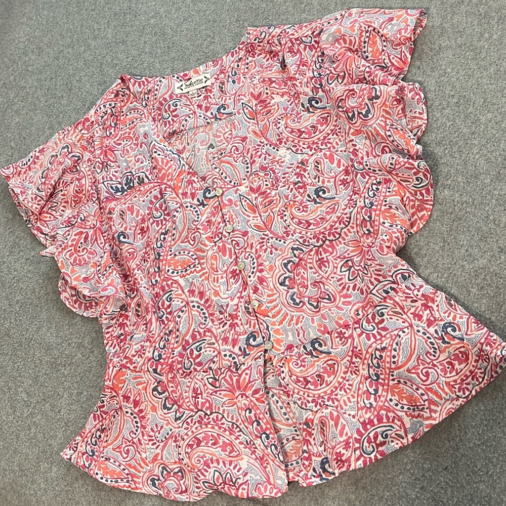 Nanette Lapore Fairy Whimsical Top Shirt Large Flutter Peplum Coastal Summer